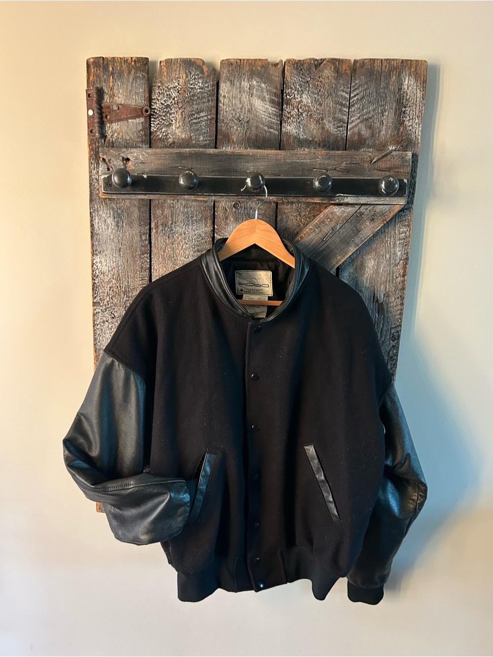 Men's Classic Vintage Black Wool & Genuine Leather Varsity Jacket
